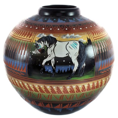 Hand Crafted Horse Elk Navajo Pot By Artist Shyla Watchman BX118827