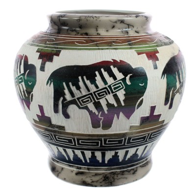 Native American Navajo Buffalo Hand Crafted Pottery By Artist Carol Jonhson AX121800